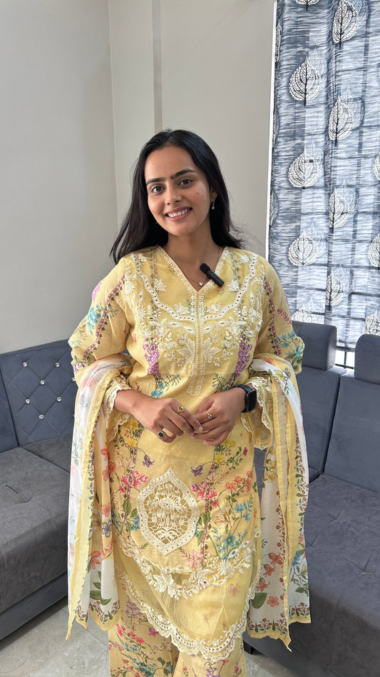Sunshine Yellow Floral Printed & Embroidered 3-Piece Kurta Set