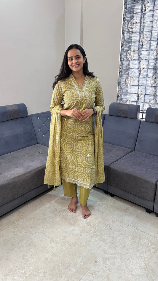 Olive Green Geometric Print Hand-Embroidered Suit Set