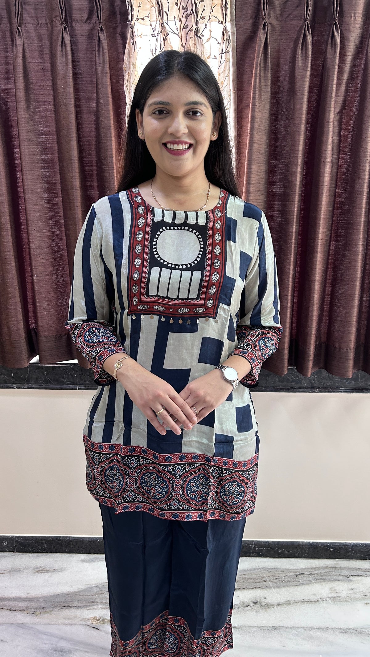 Indigo & Beige Printed Muslin Tunic and Pants Set