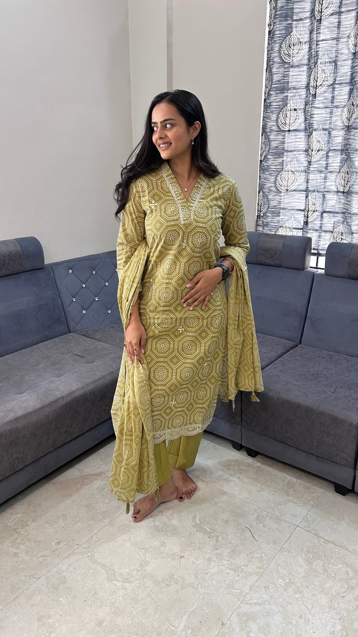 Olive Green Geometric Print Hand-Embroidered Suit Set