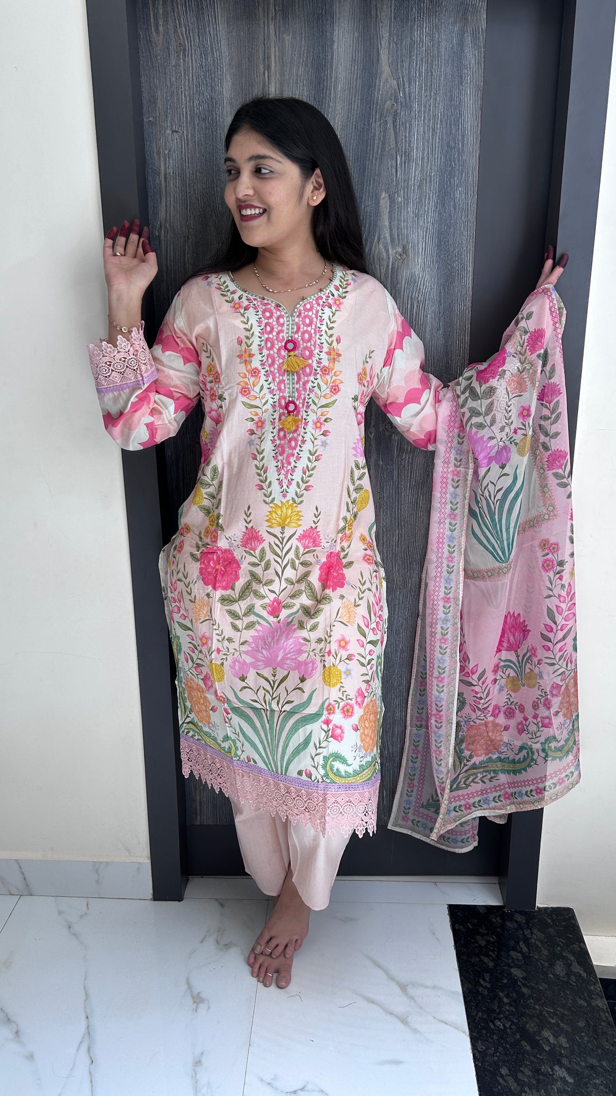 Pastel Pink Floral Lace Suit Set