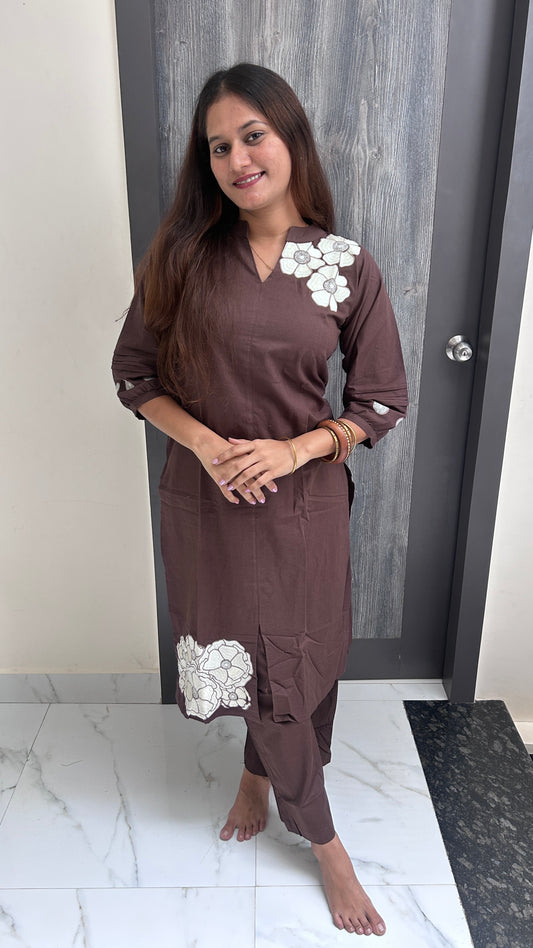 Dark Brown Hand-Embroidered Floral Patch Kurta Set