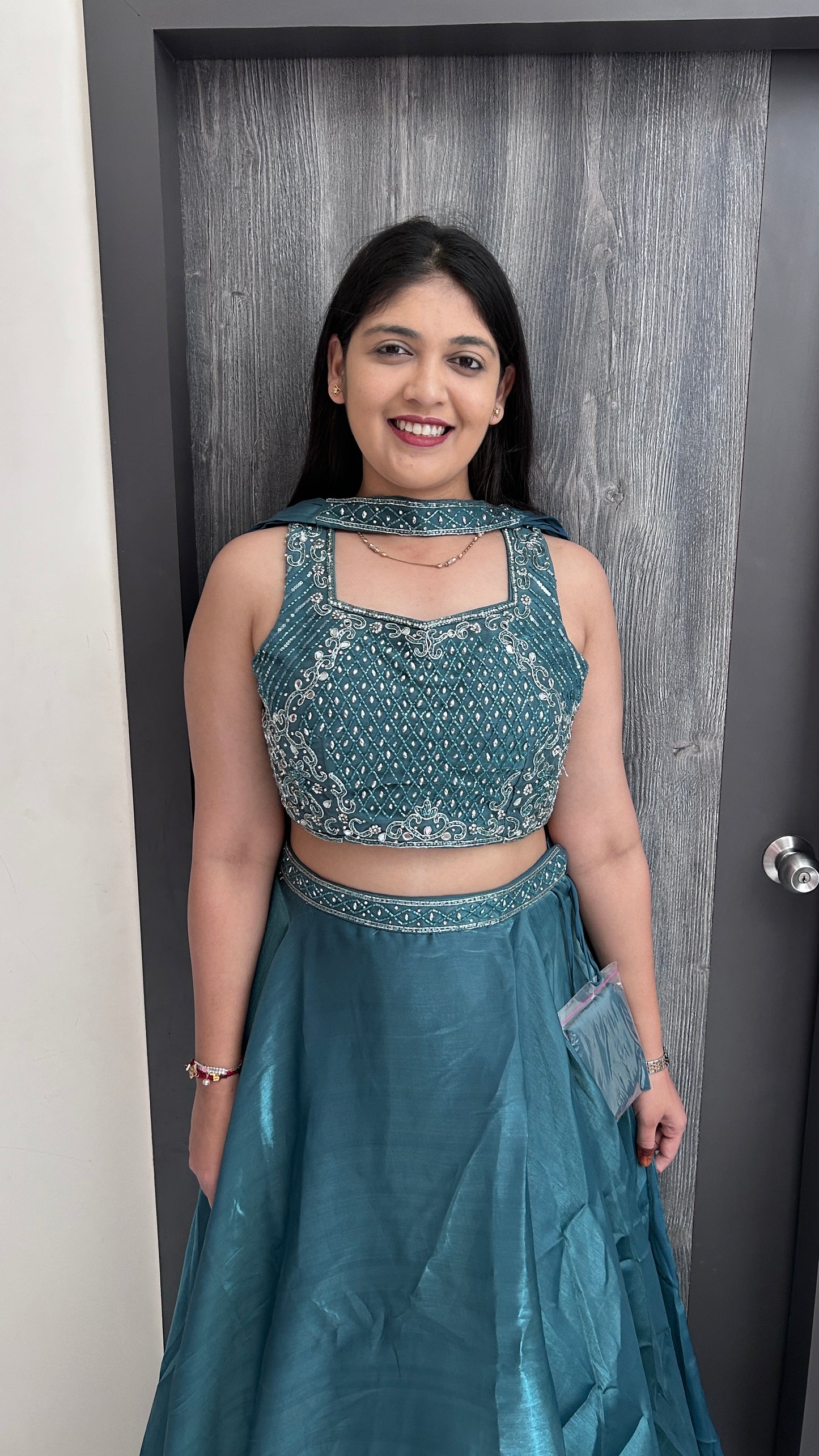 Teal Blue Hand-Embroidered Tissue Crop Top