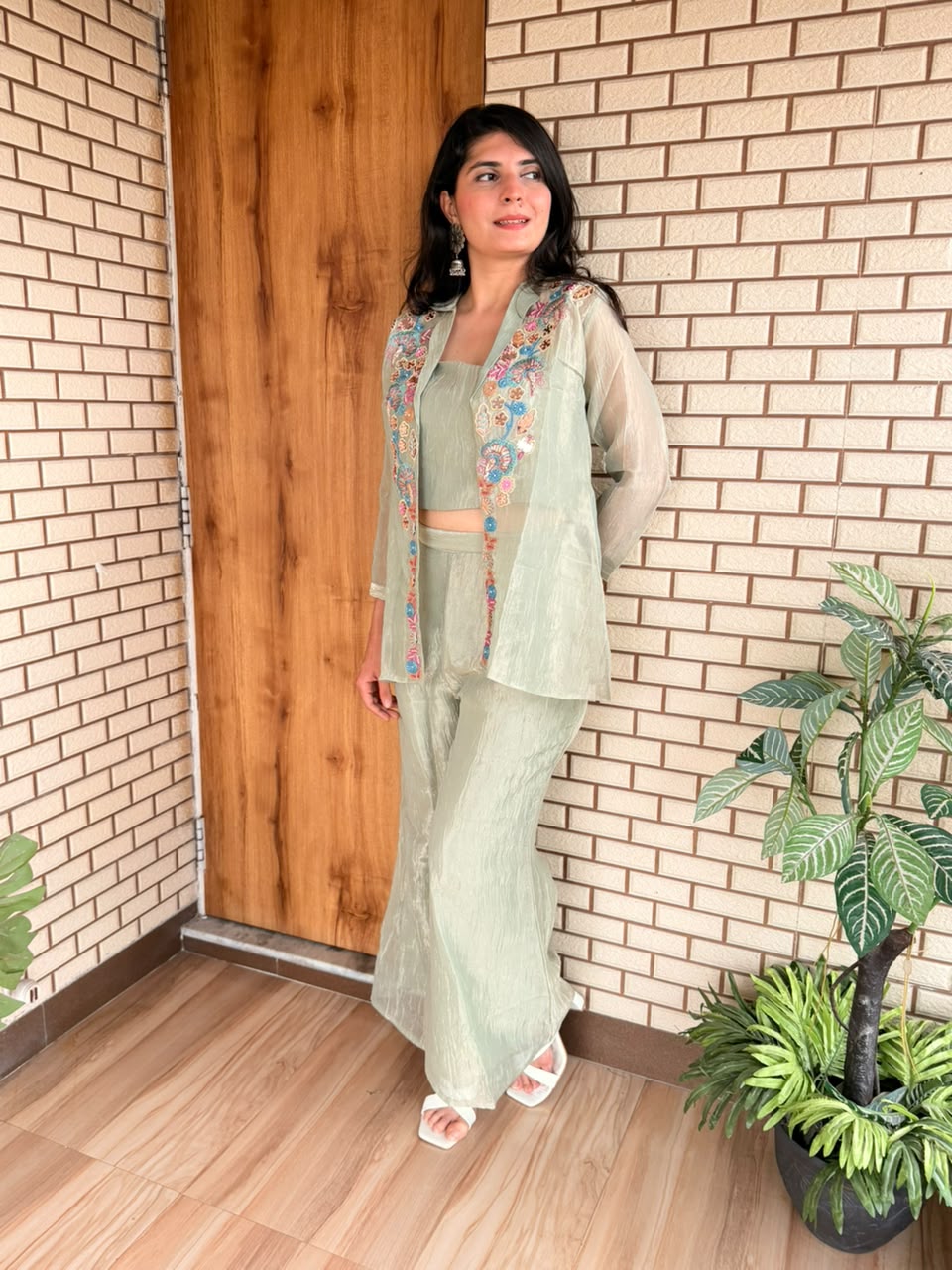 Mint Green Three-Piece Embroidered Co-ord Set