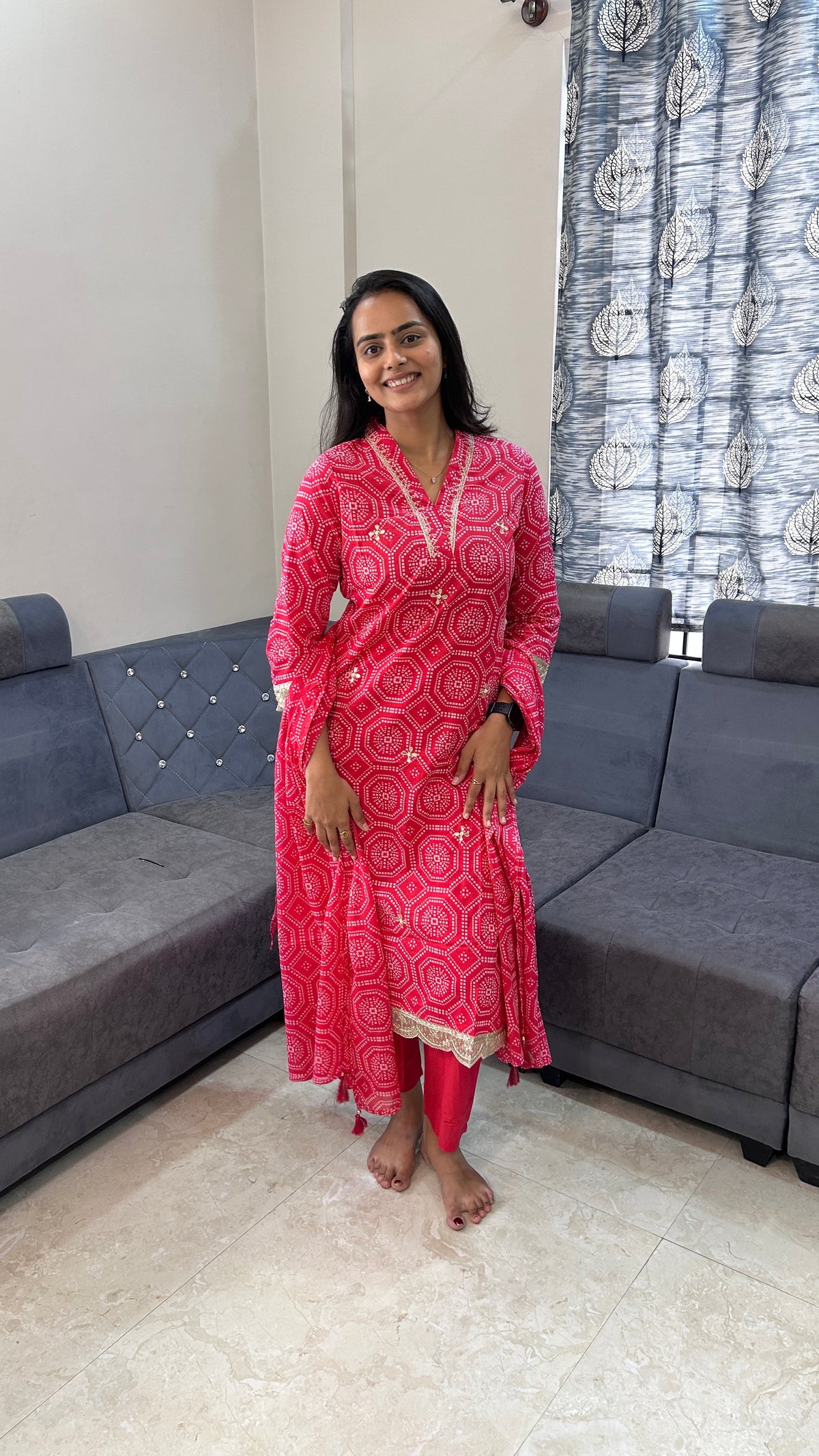 Bright Pink Geometric Print Hand-Embroidered Suit Set