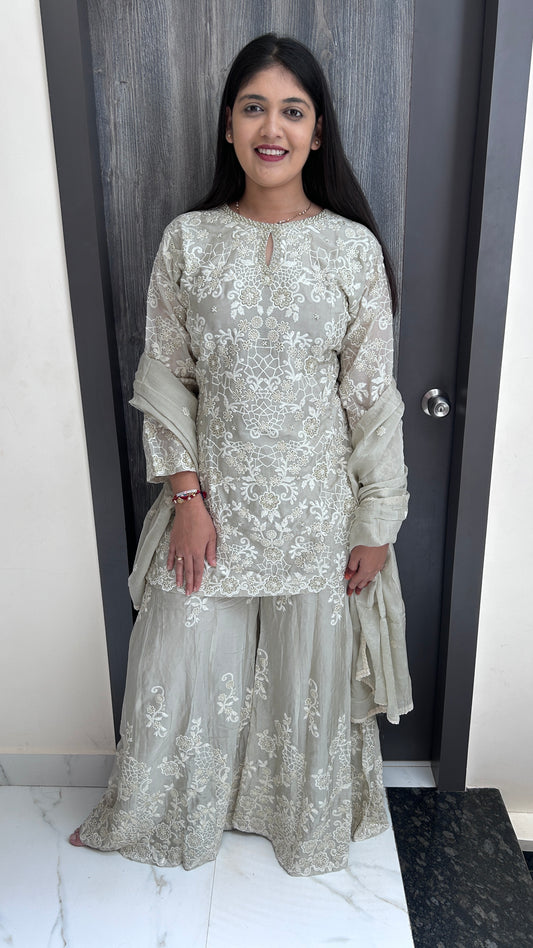 off white Monotone Embroidered Sharara Set