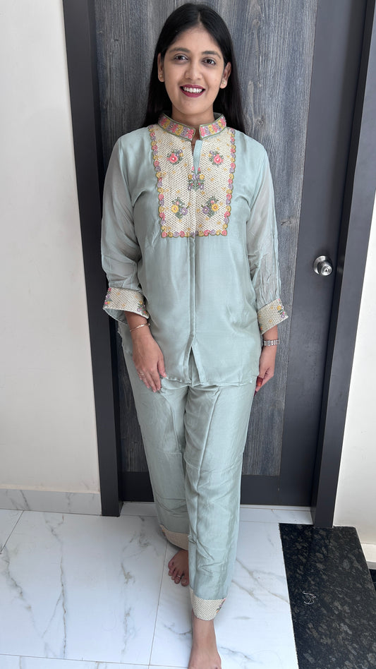 Sage blue Pure Chinnon Hand-Embroidered Co-ord Set