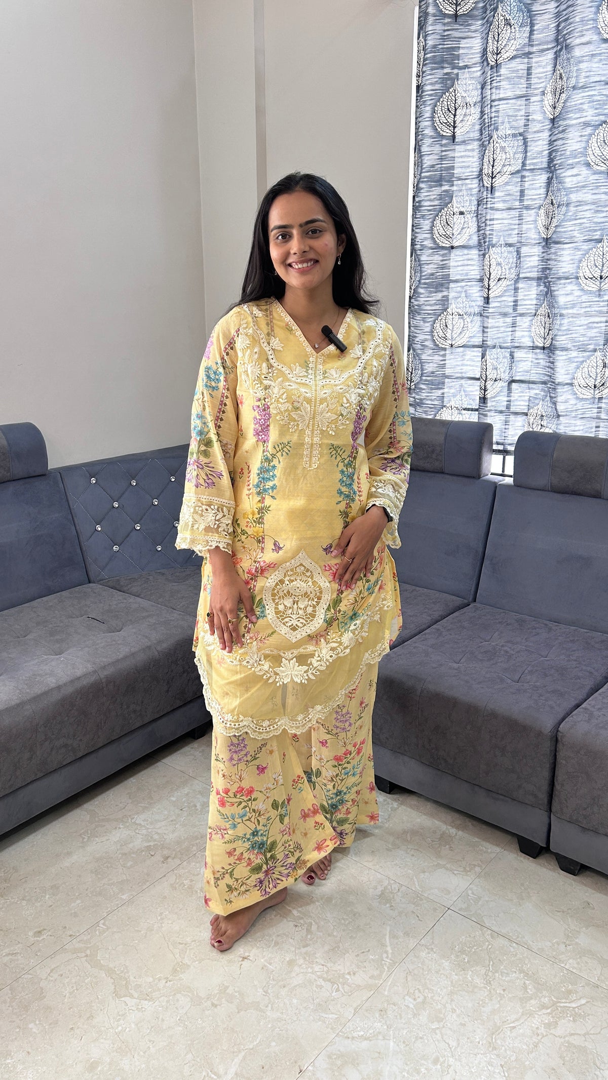 Sunshine Yellow Floral Printed & Embroidered 3-Piece Kurta Set