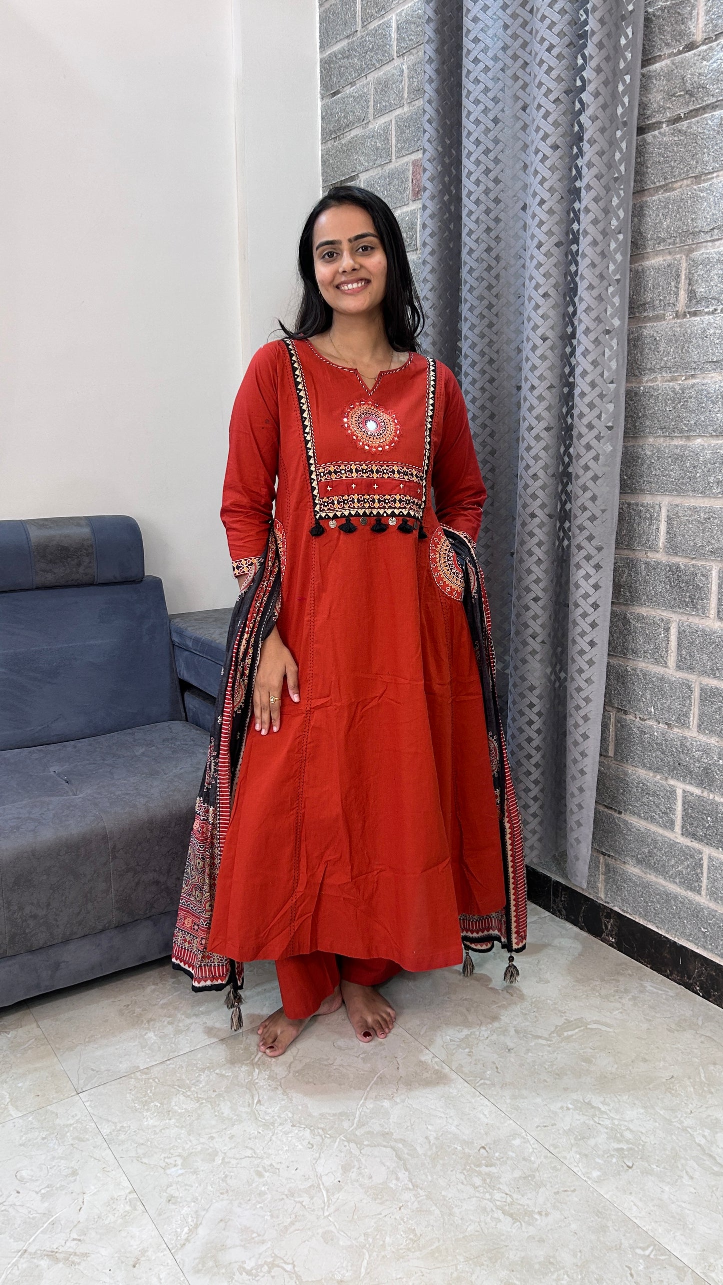 Rust orange Hand-Embroidered Kurta Set
