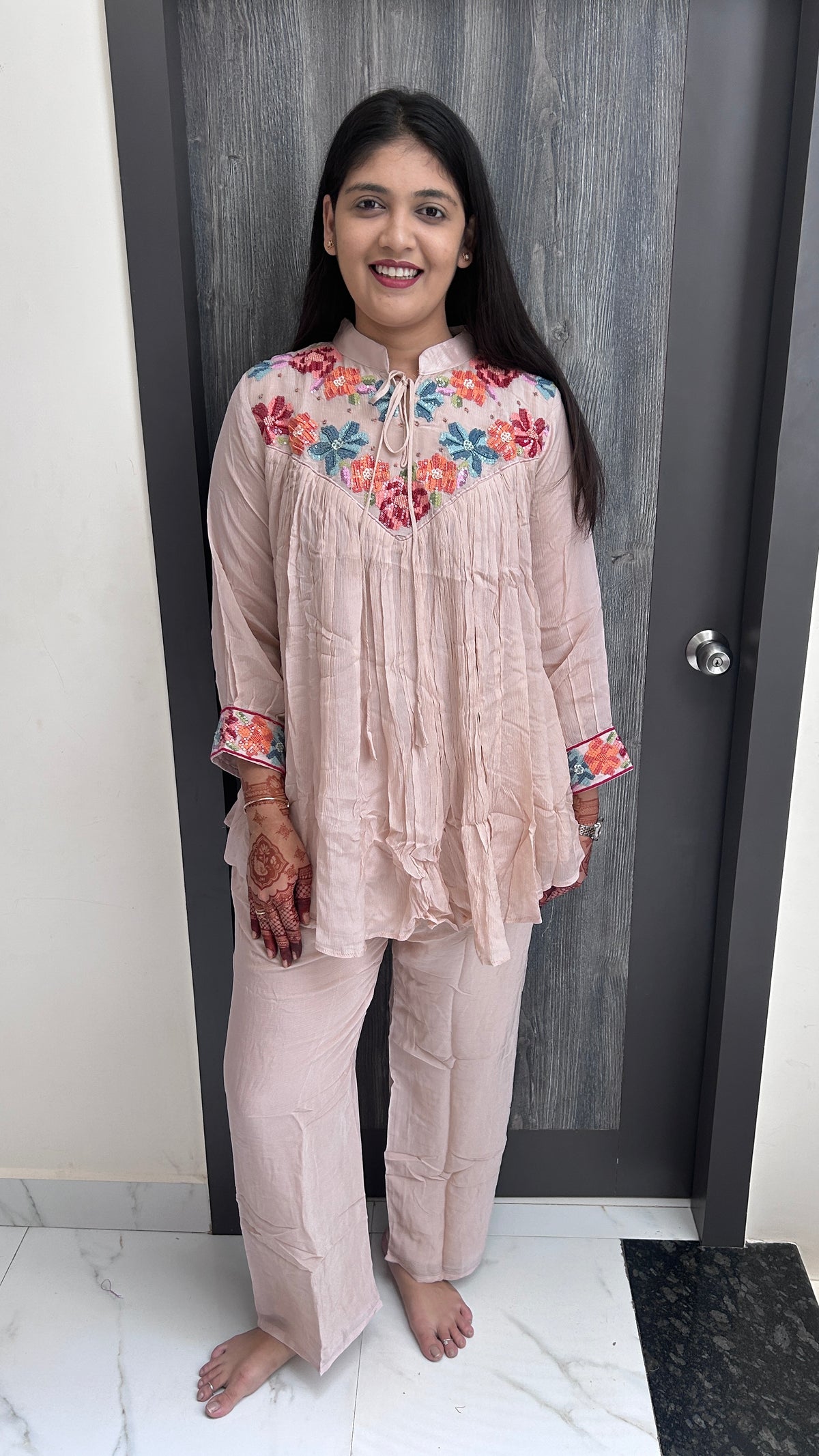 Blush Pink Floral Embroidered Co-ord Set