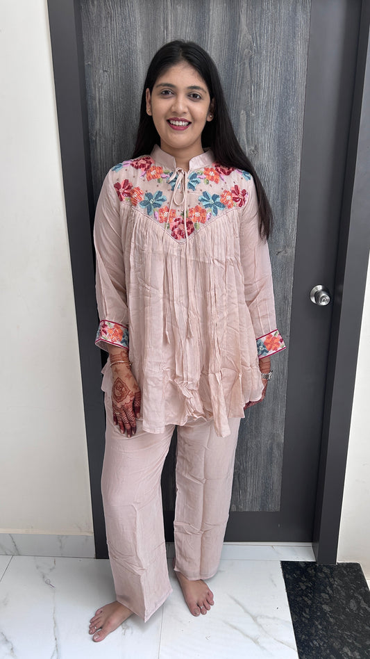 Blush Pink Floral Embroidered Co-ord Set