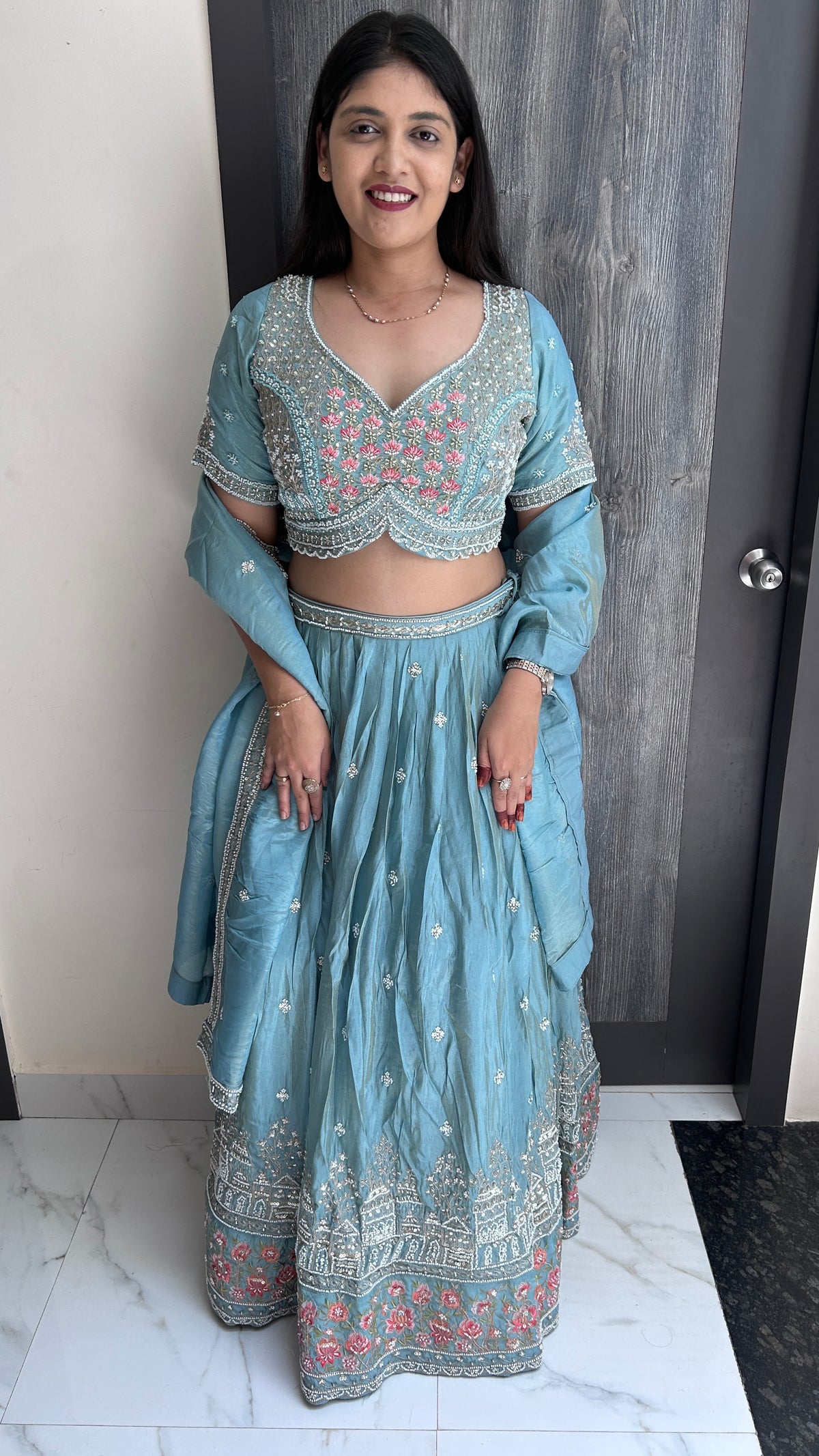Pastel Blue Floral Embroidered Lehenga