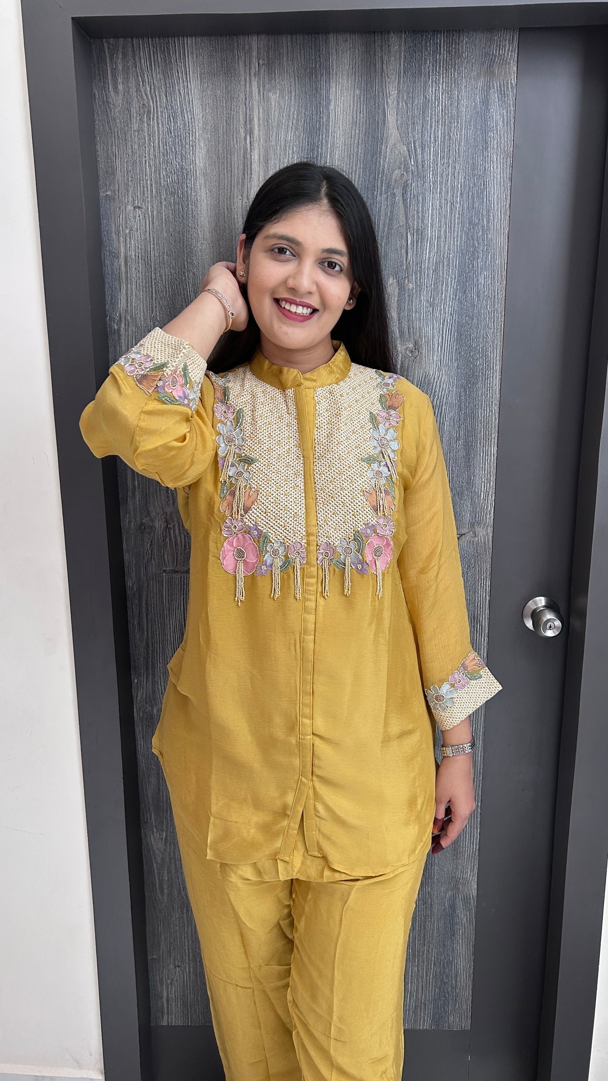 Mustard Yellow Pure Chinnon Hand-Embroidered Co-ord Set