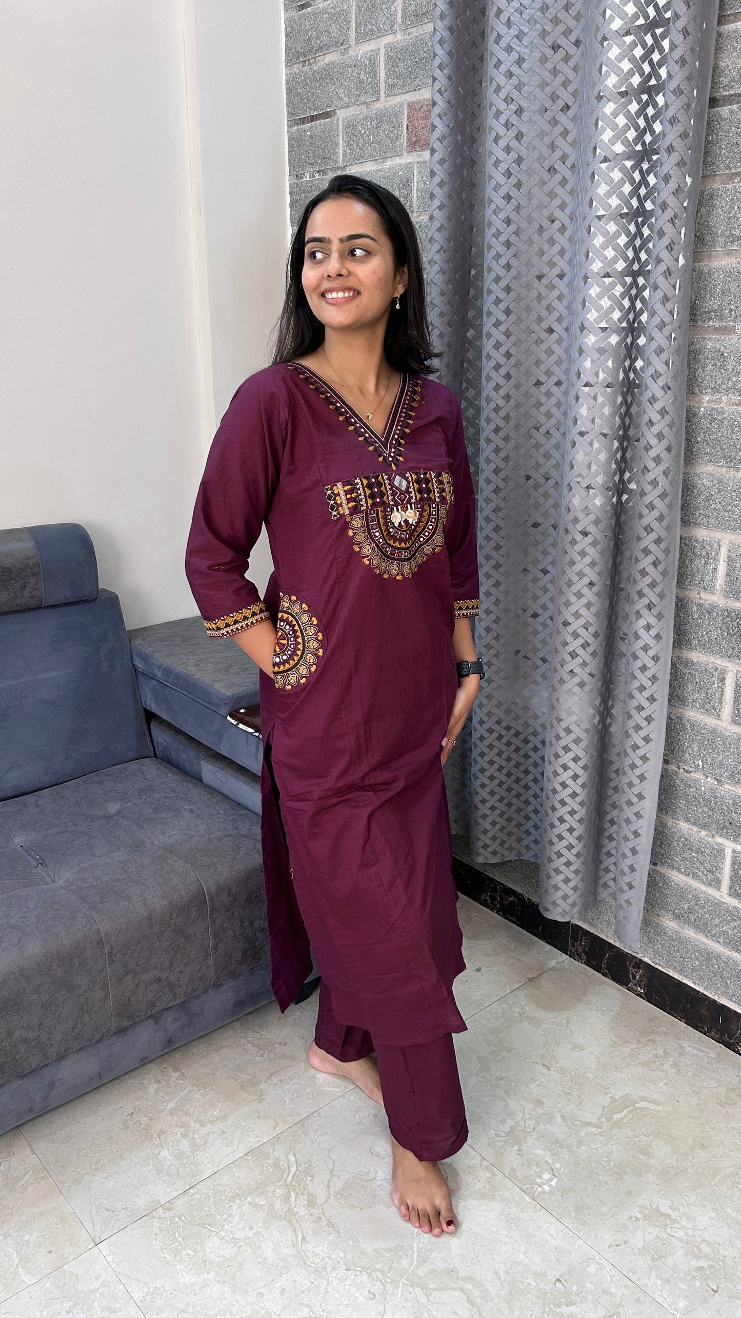 Maroon Hand-Embroidered Kurta Set