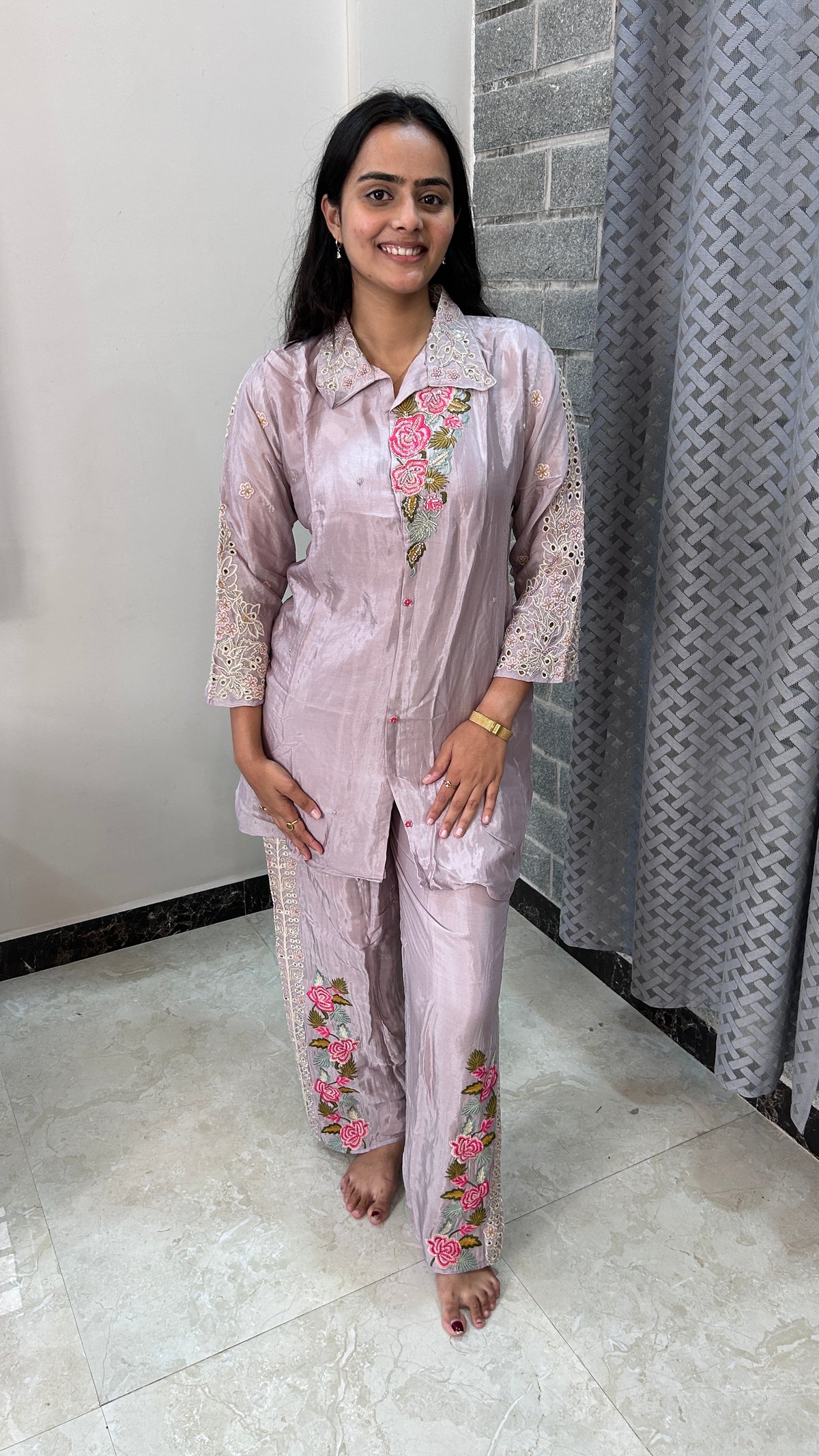 Lavender Floral Hand-Embroidered Co-ord Set