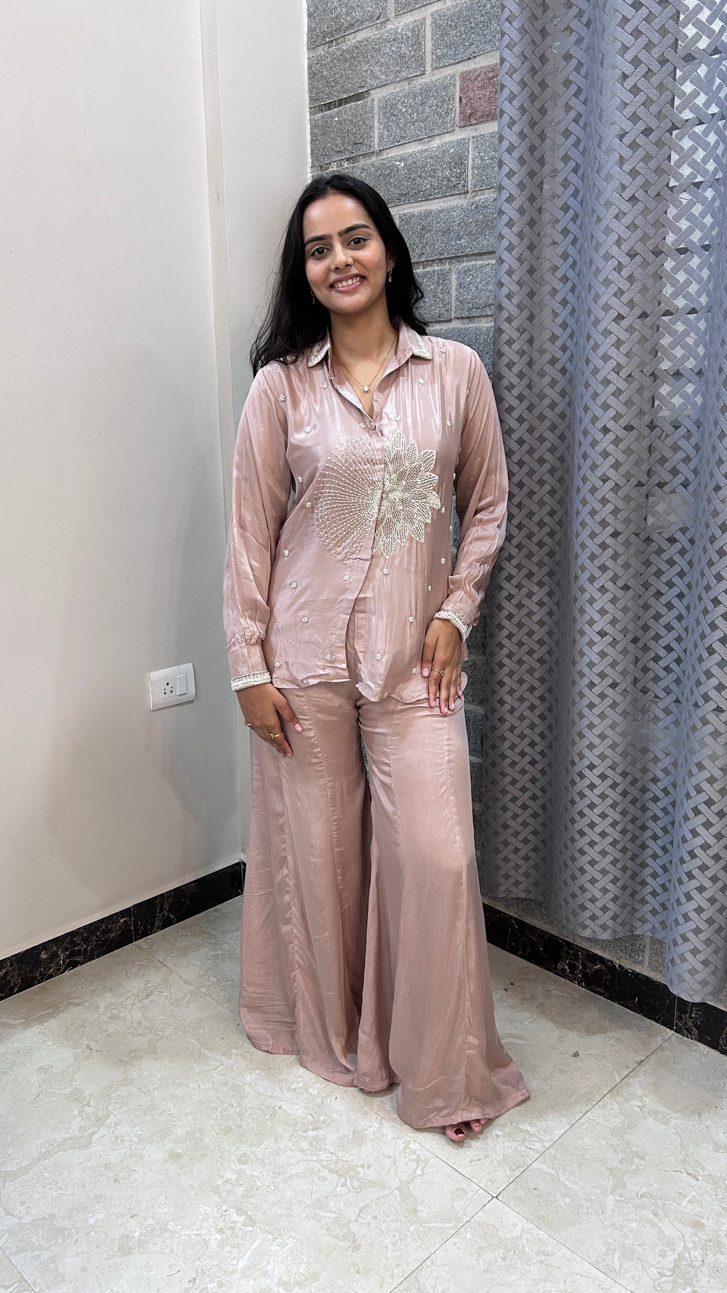 Champagne Beige Hand-Embroidered chinnon Co-ord Set
