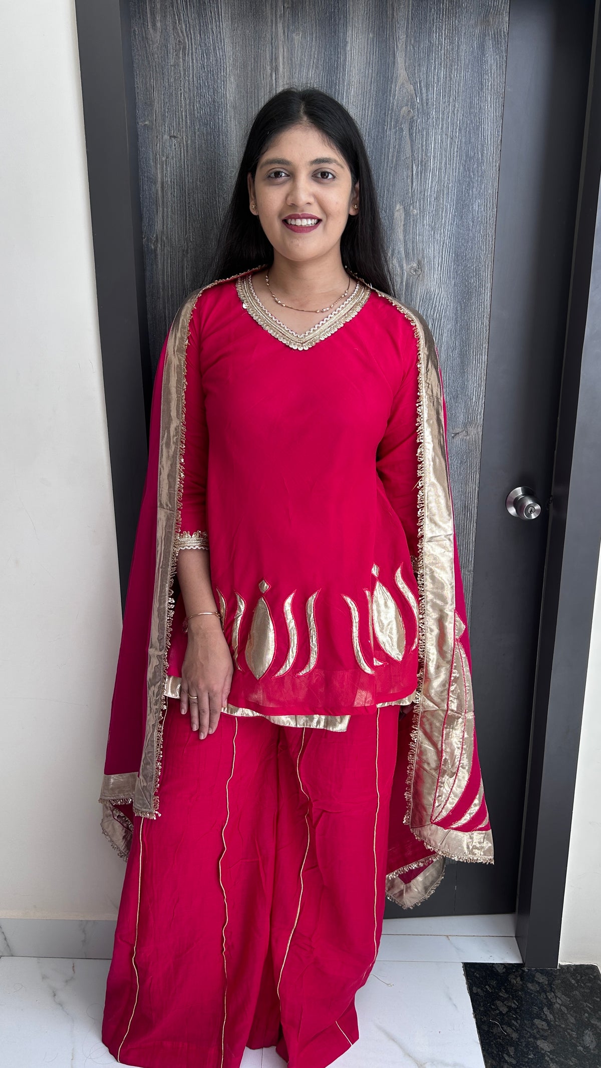 Hand-Embroidered Magenta chinnon Sharara Set