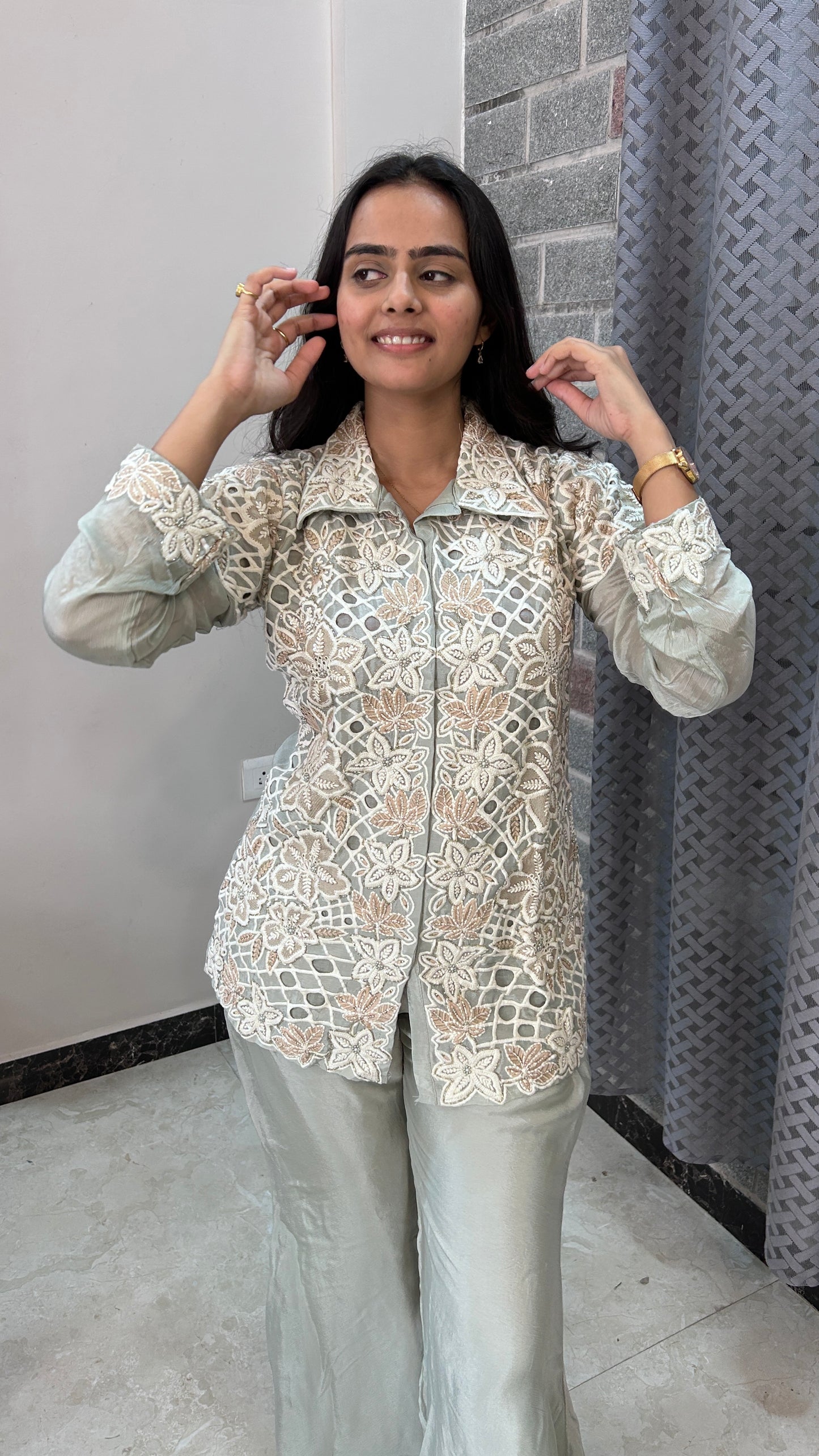 Powder Blue Hand-Embroidered chinnon Co-ord Set