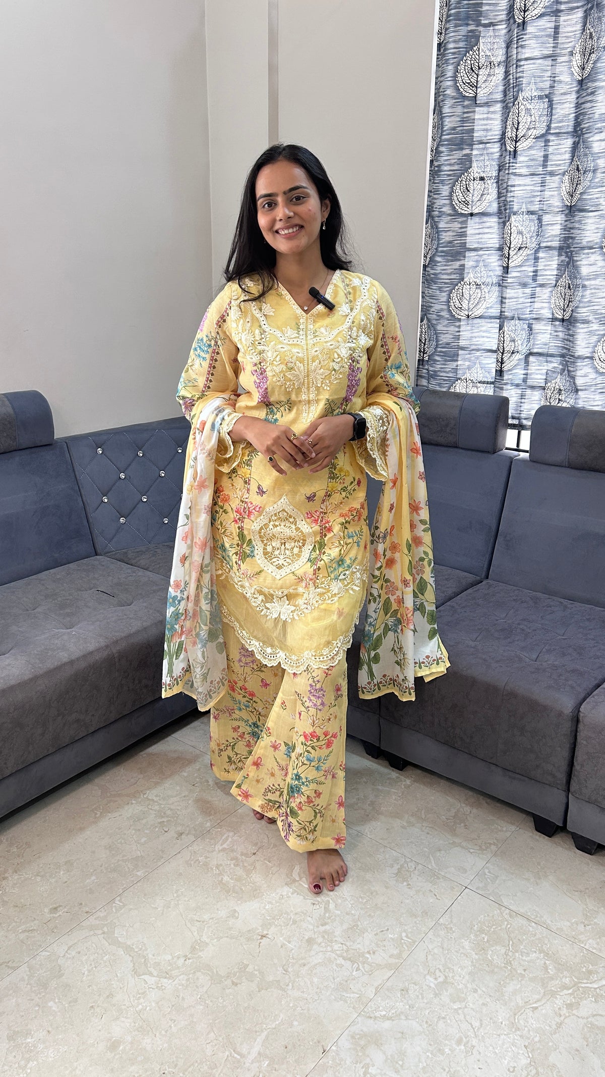 Sunshine Yellow Floral Printed & Embroidered 3-Piece Kurta Set