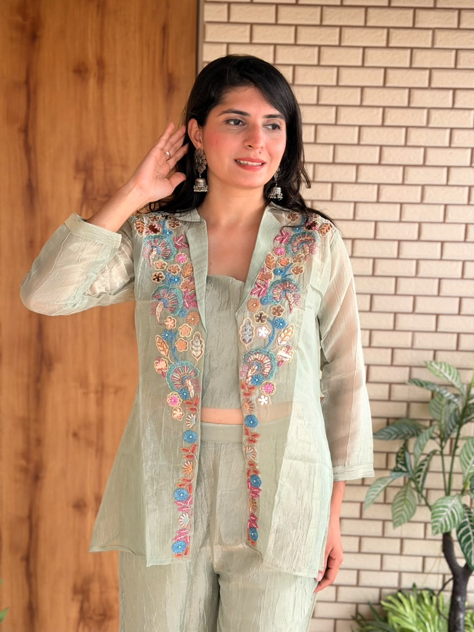 Mint Green Three-Piece Embroidered Co-ord Set