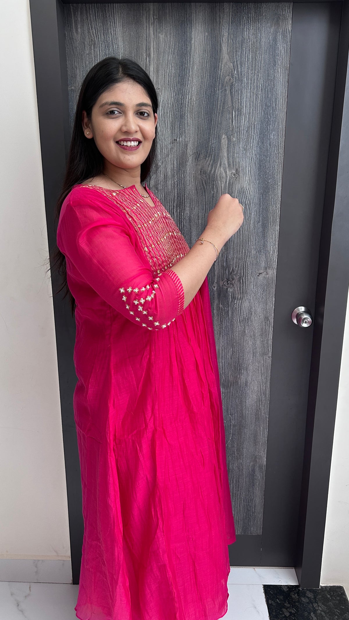 Bright Pink Hand-Embroidered Flared Kurta Set