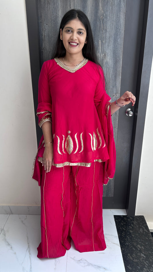 Hand-Embroidered Magenta chinnon Sharara Set