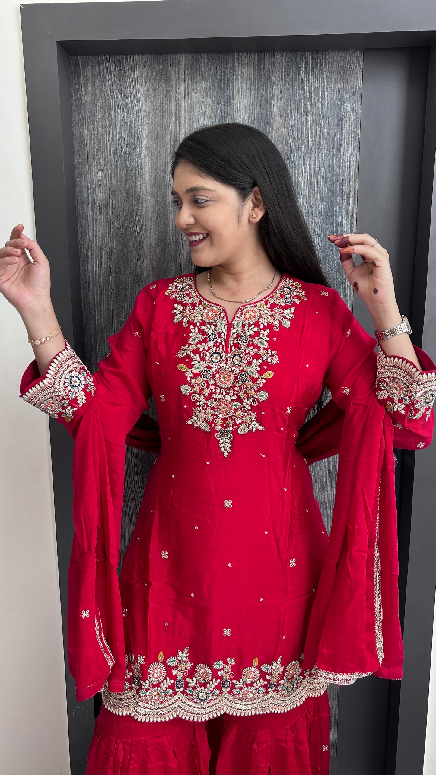 Red Pure Chinnon Sharara Set
