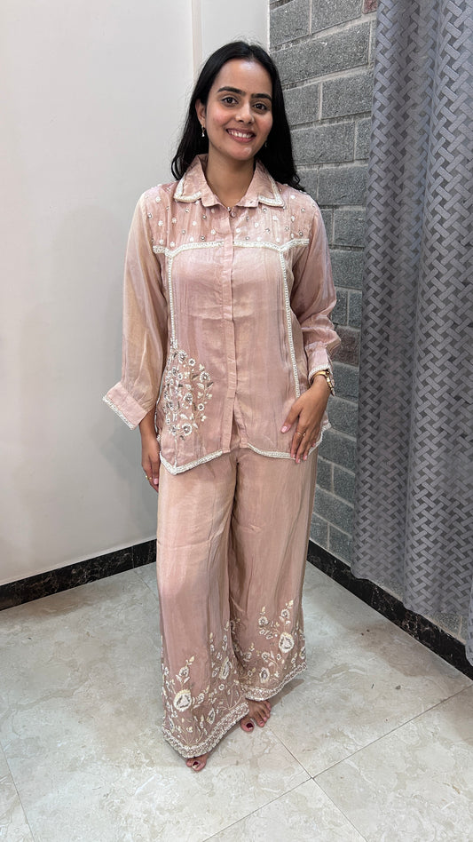 Champagne Pink Hand-Embroidered chinnon Co-ord Set