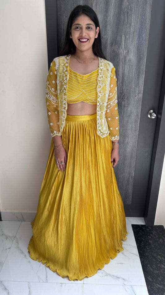 Mustard Yellow 3-Piece Lehenga with Embroidered Jacket