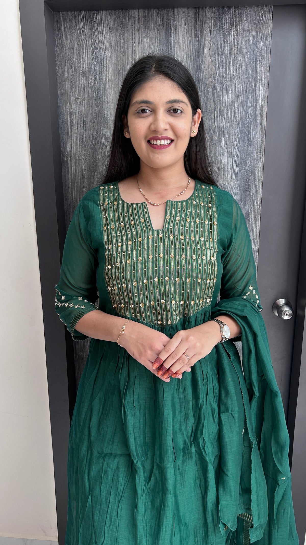 Emerald Green Hand-Embroidered Flared Kurta Set