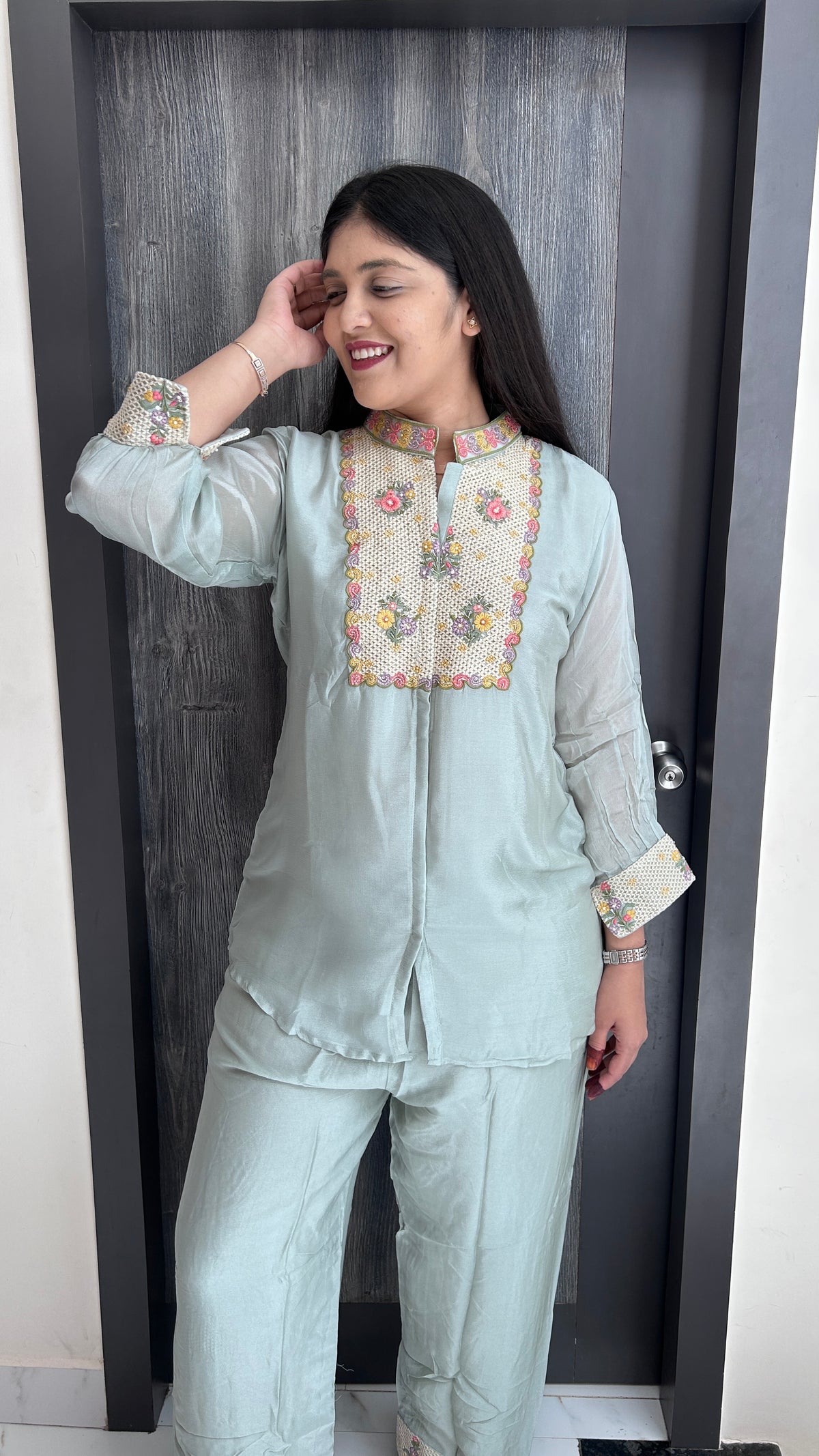 Sage blue Pure Chinnon Hand-Embroidered Co-ord Set