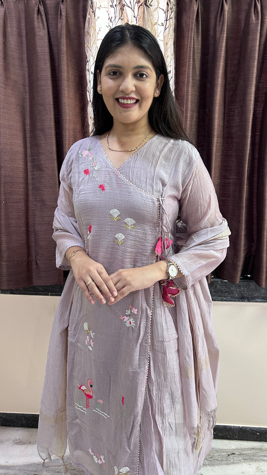 Mauve Hand-Embroidered Angrakha Suit Set