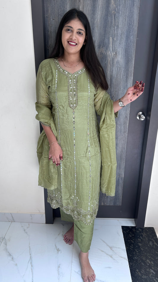 Sage Green Hand-Embroidered Kurta Set