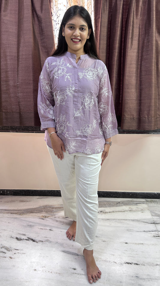 Lavender Floral Hand-Embroidered Tunic and Trouser Set