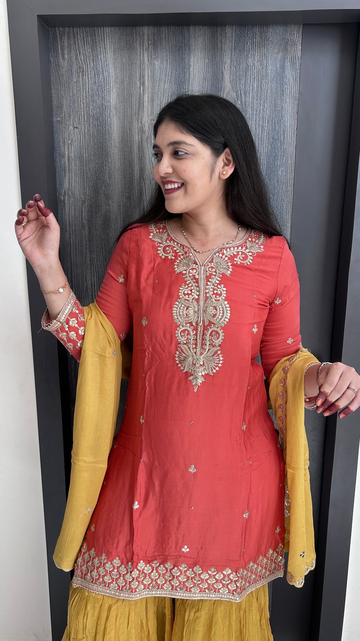 Coral and Mustard Embroidered Sharara Set
