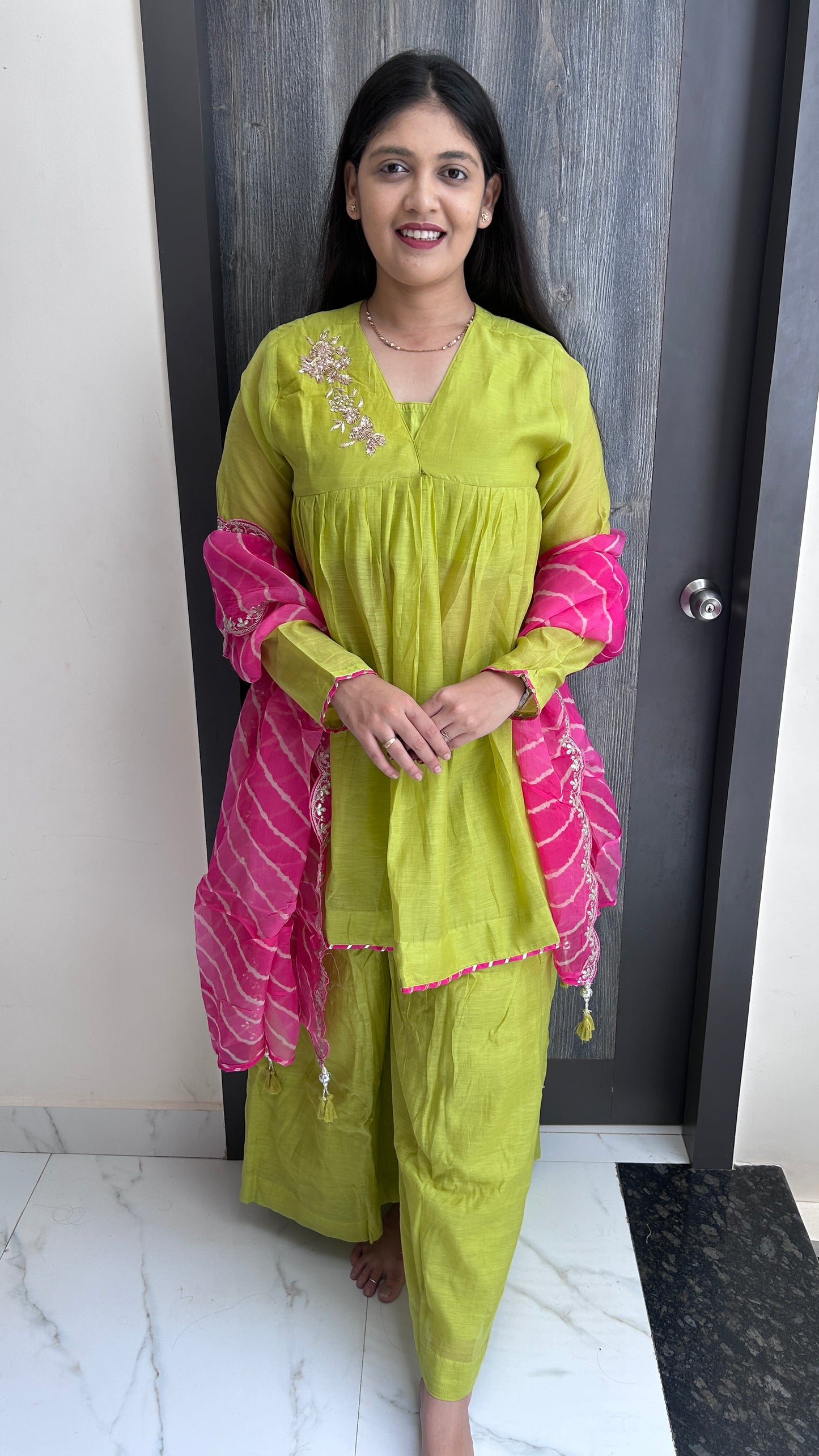 Lime Green & Pink Leheriya chinnon Sharara Set
