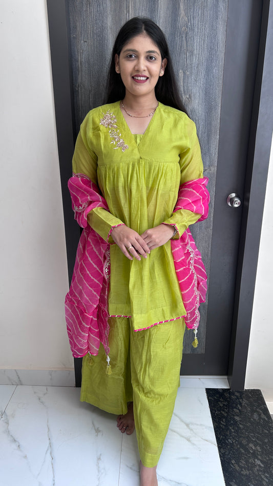 Lime Green & Pink Leheriya chinnon Sharara Set