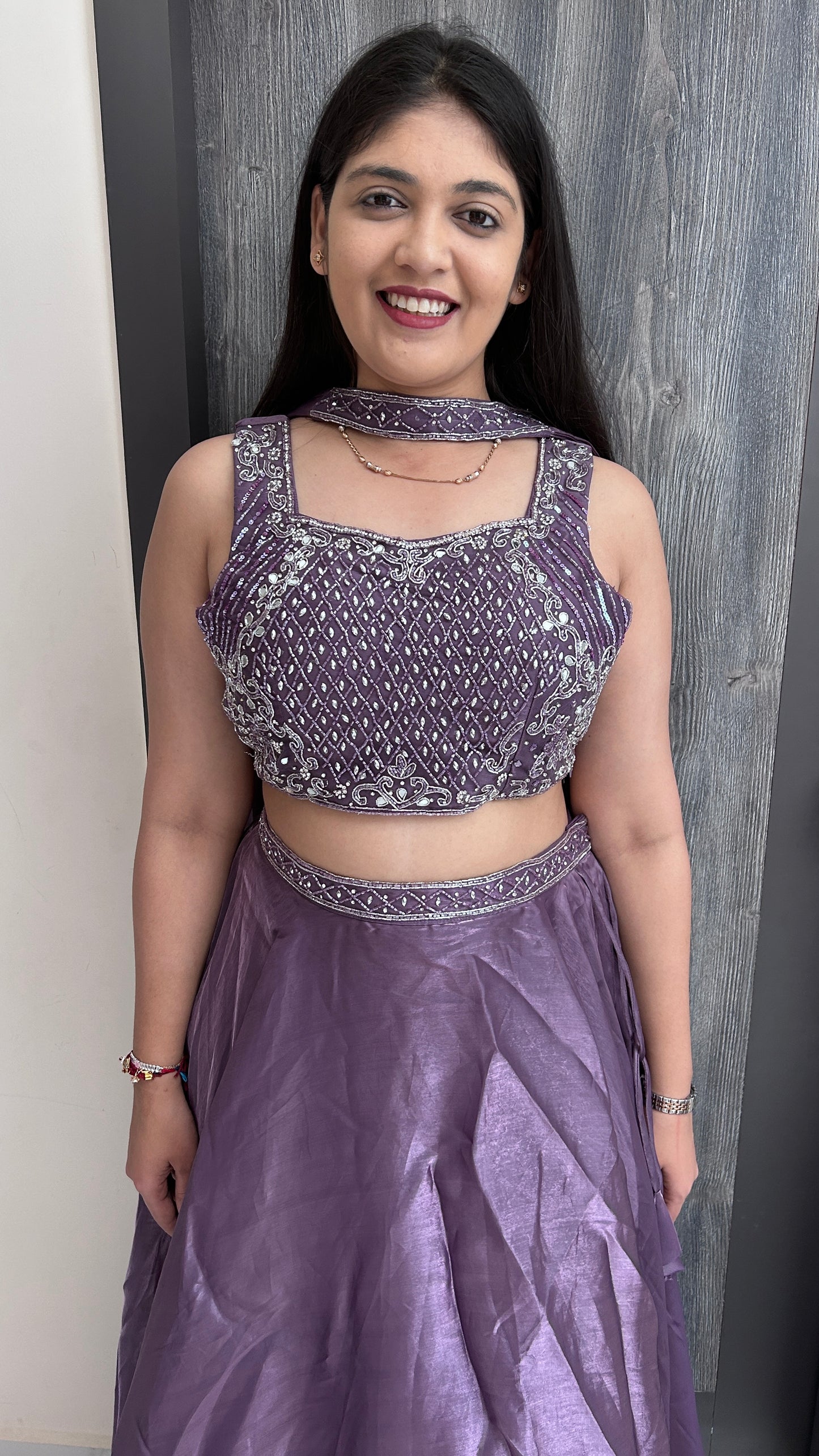 Royal Purple Hand-Embroidered Tissue Crop Top