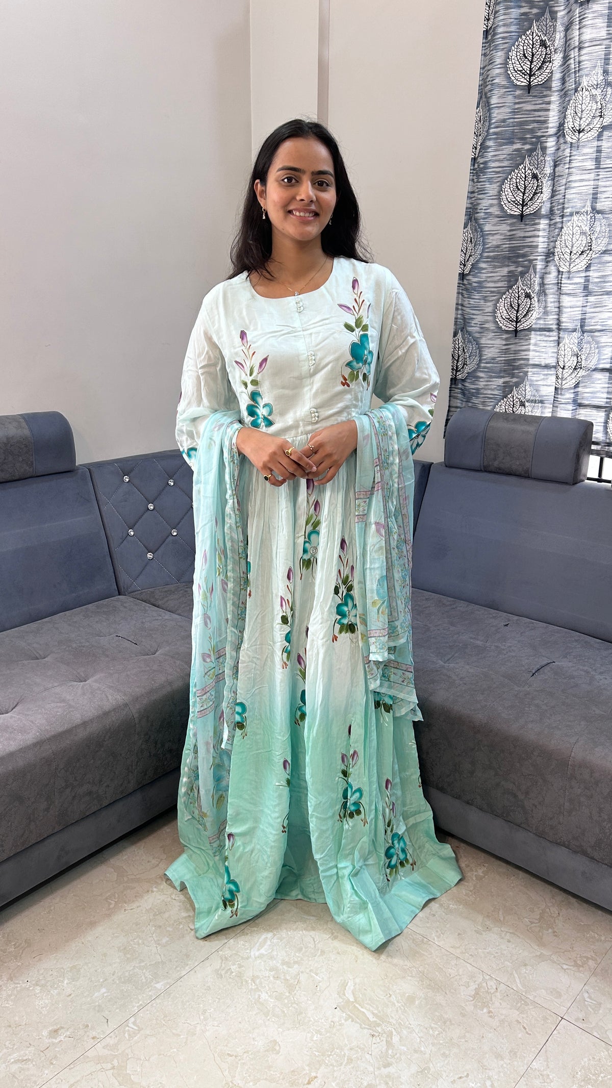 Blue Floral Ombre Anarkali Suit