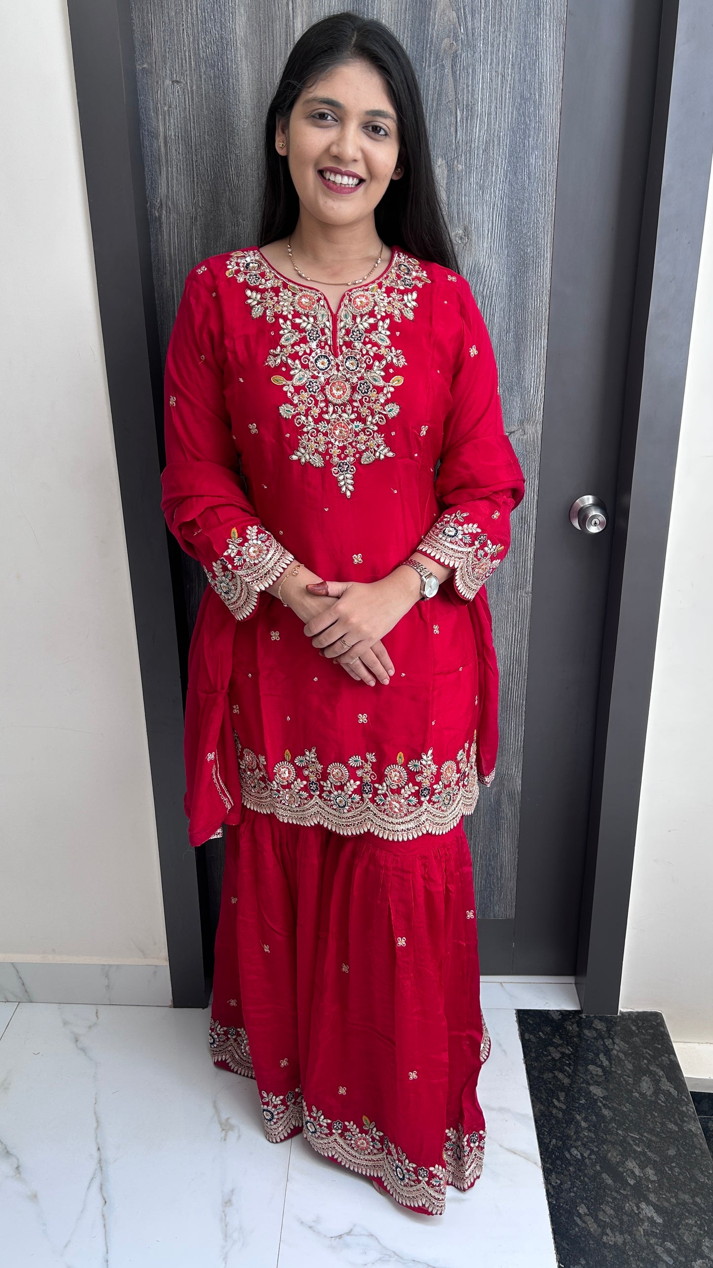 Red Pure Chinnon Sharara Set