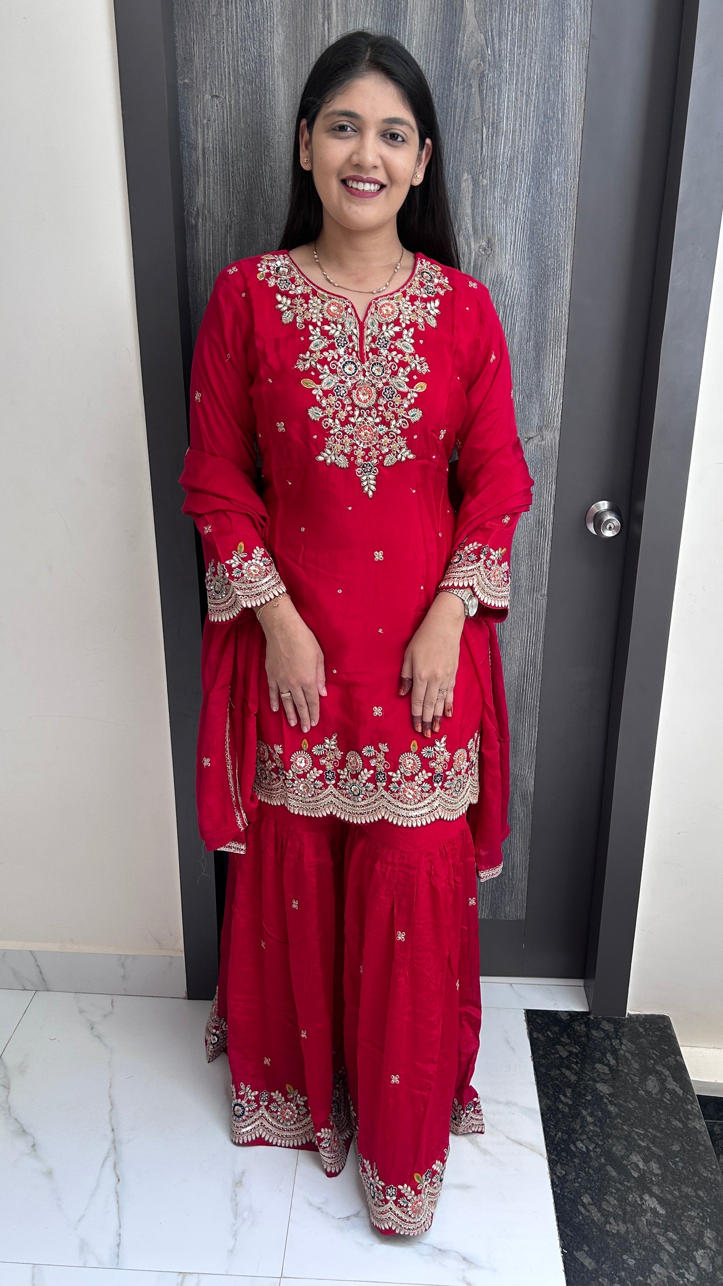 Red Pure Chinnon Sharara Set