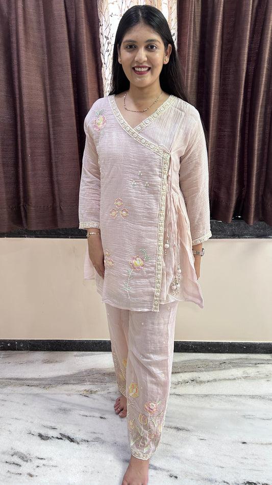 Light Pink Floral Hand-Embroidered Chinnon Angrakha Set