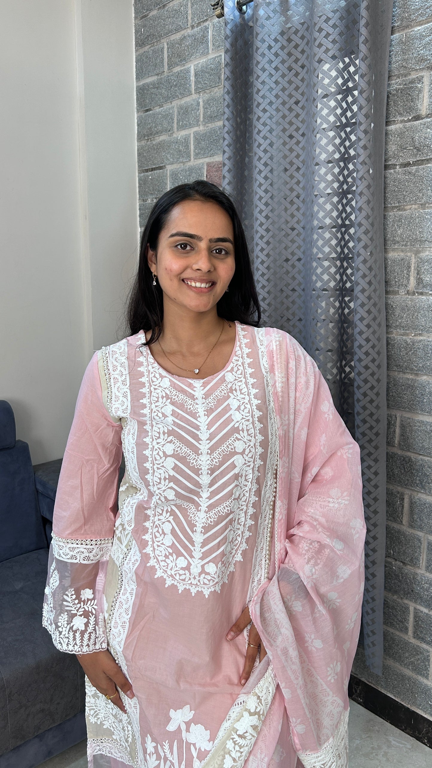 Pastel Pink & White Hand-Embroidered Suit Set