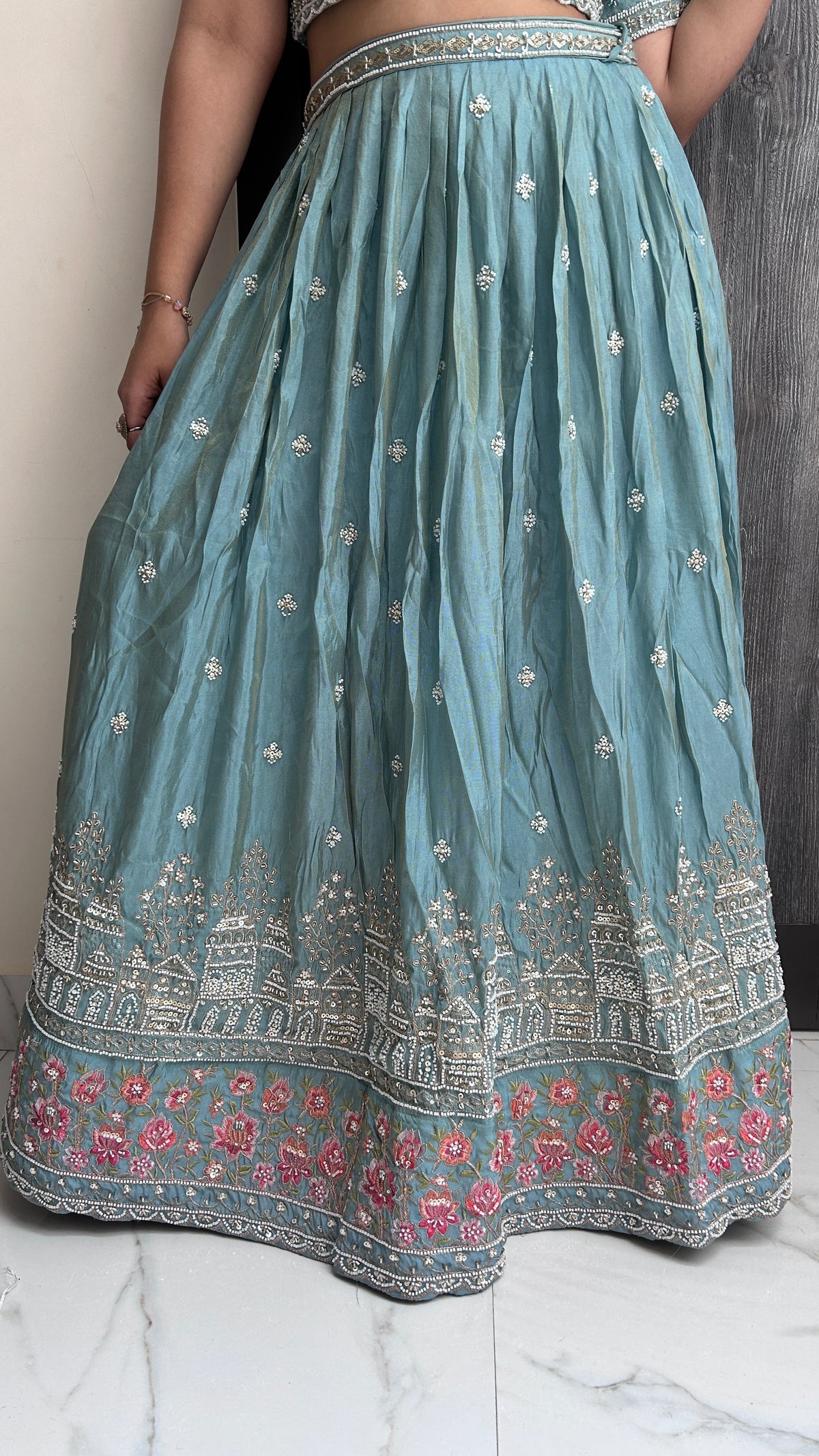 Pastel Blue Floral Embroidered Lehenga