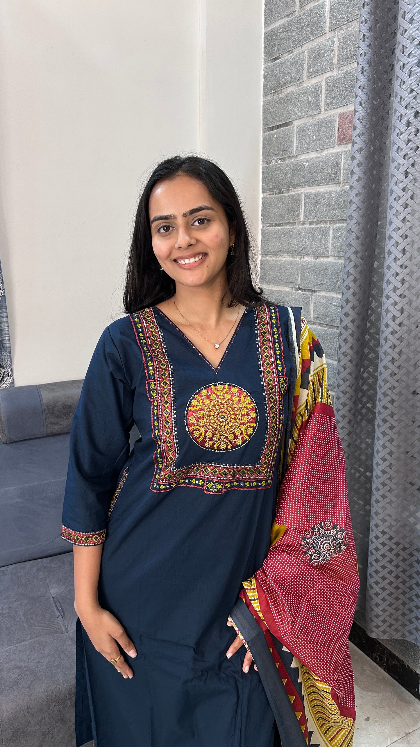 Navy Blue Hand-Embroidered Yoke Kurta Set