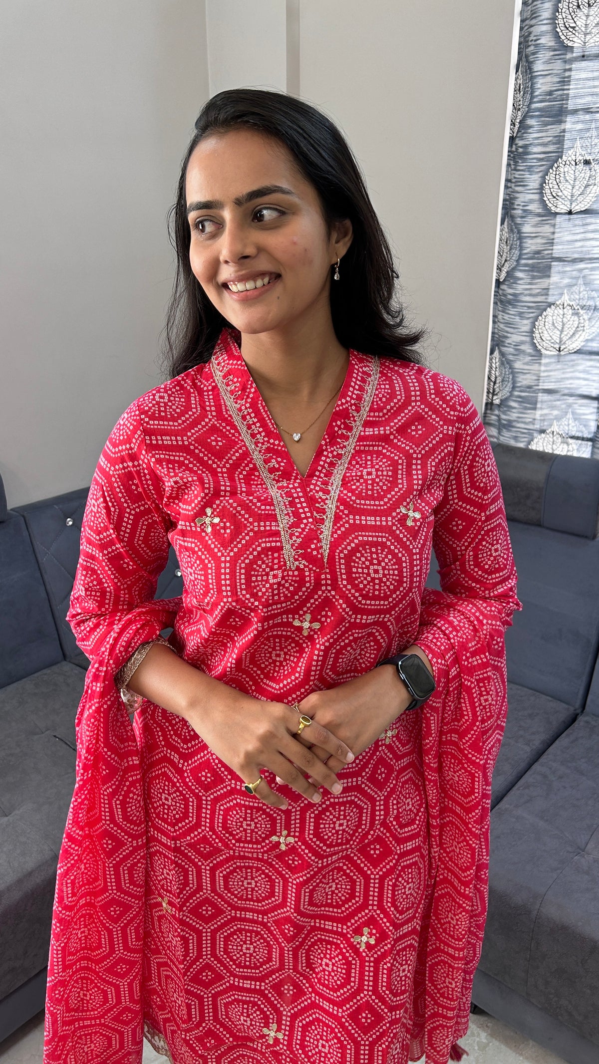 Bright Pink Geometric Print Hand-Embroidered Suit Set