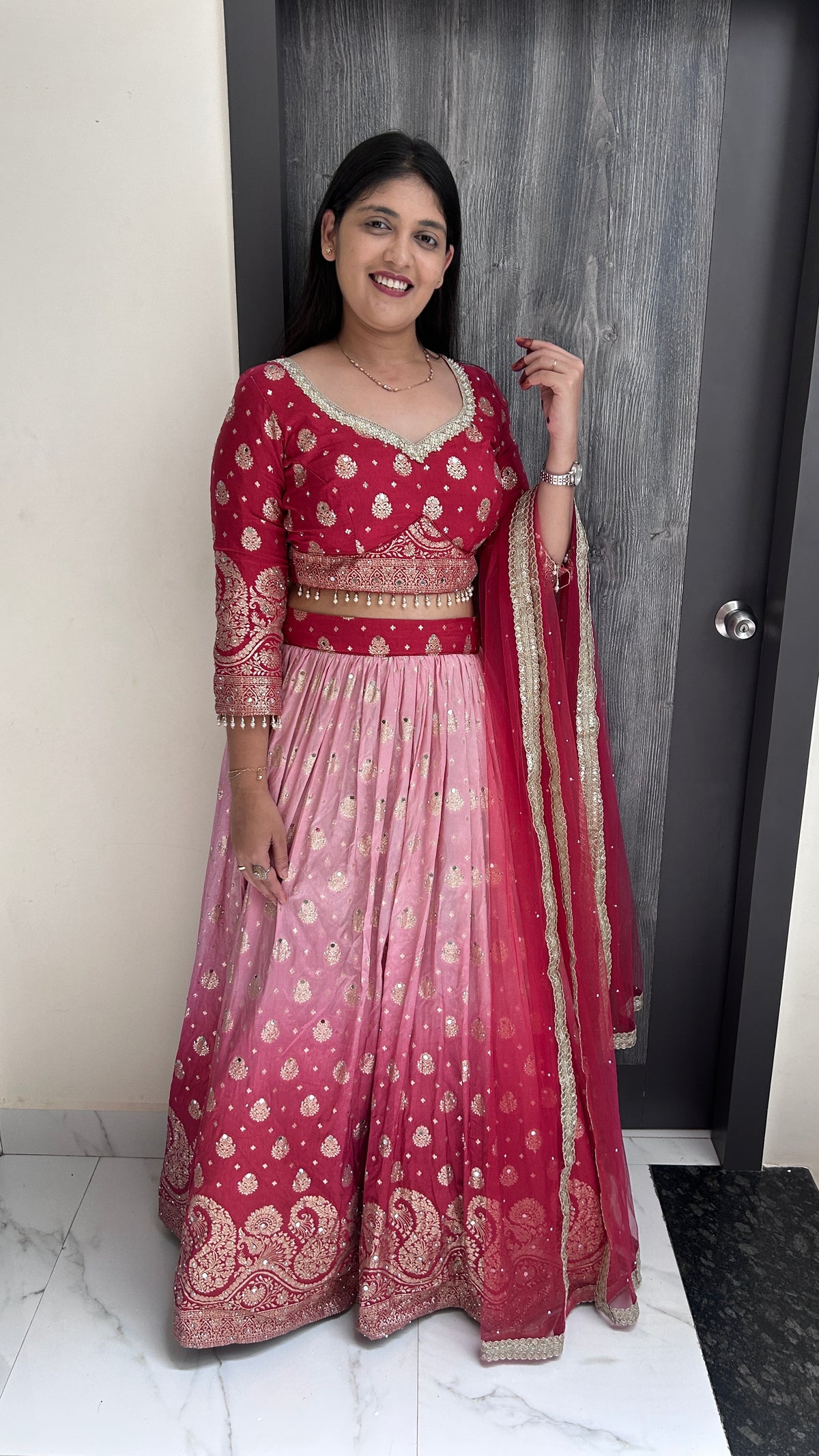 Pink Ombre Hand-Embroidered Lehenga Set