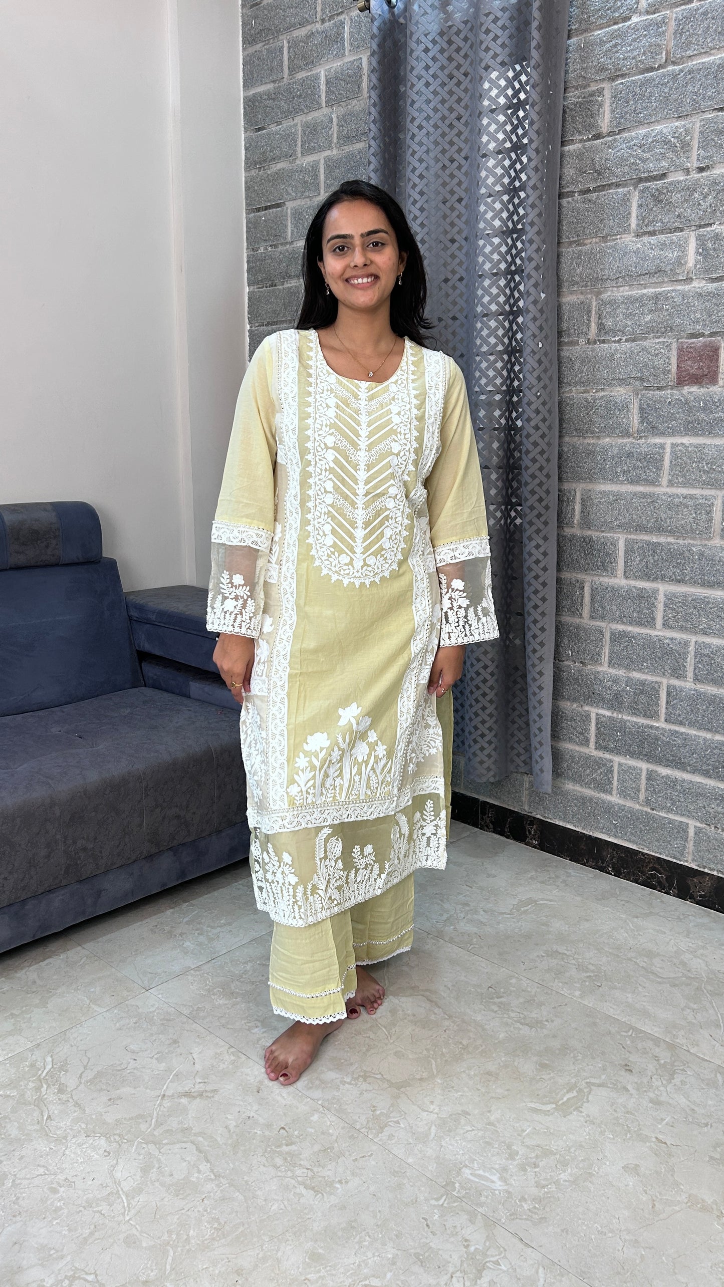 Pastel Yellow & White Hand-Embroidered Kurta Set