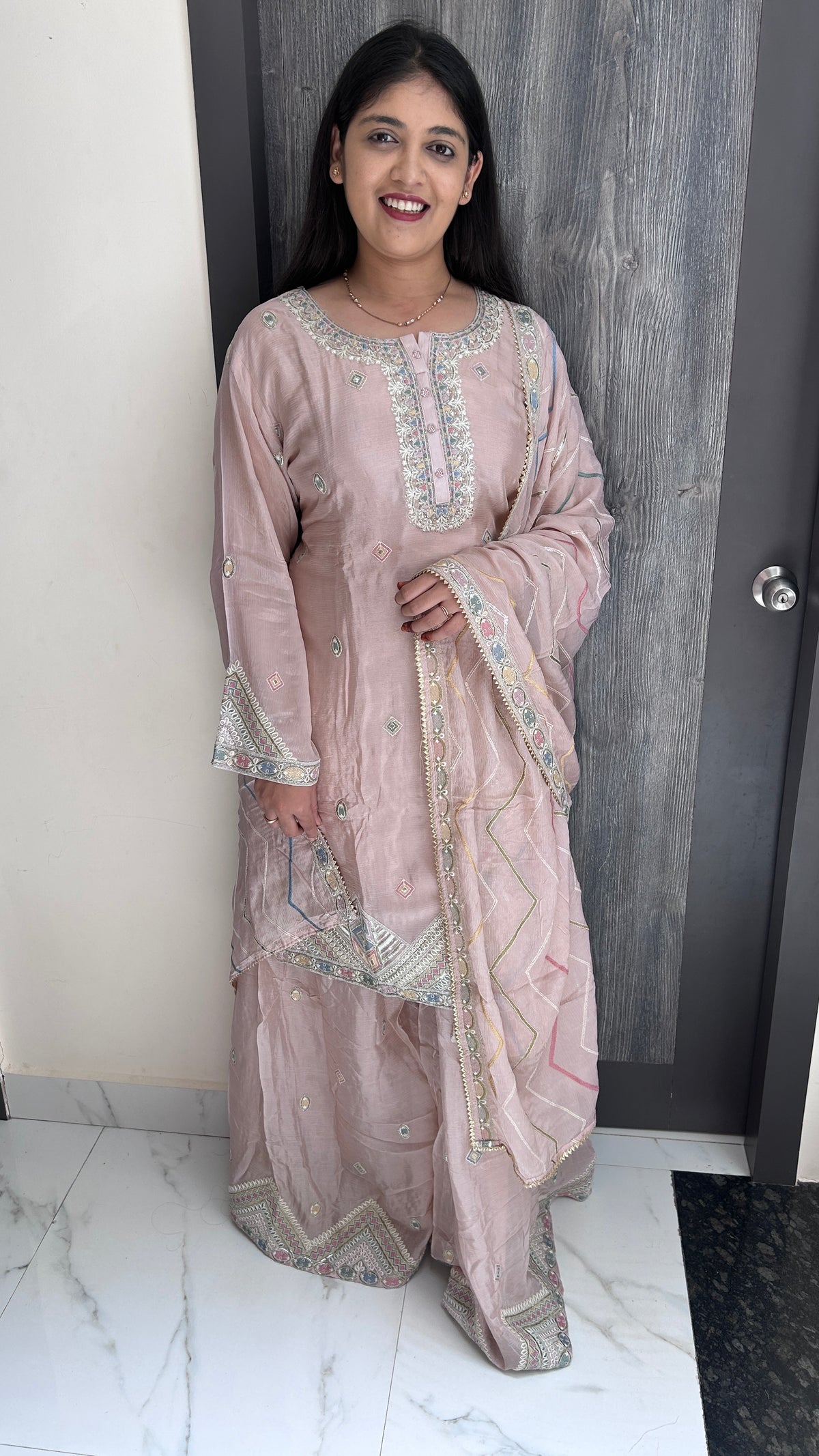 Pastel Pink Embroidered chinnon Sharara Set