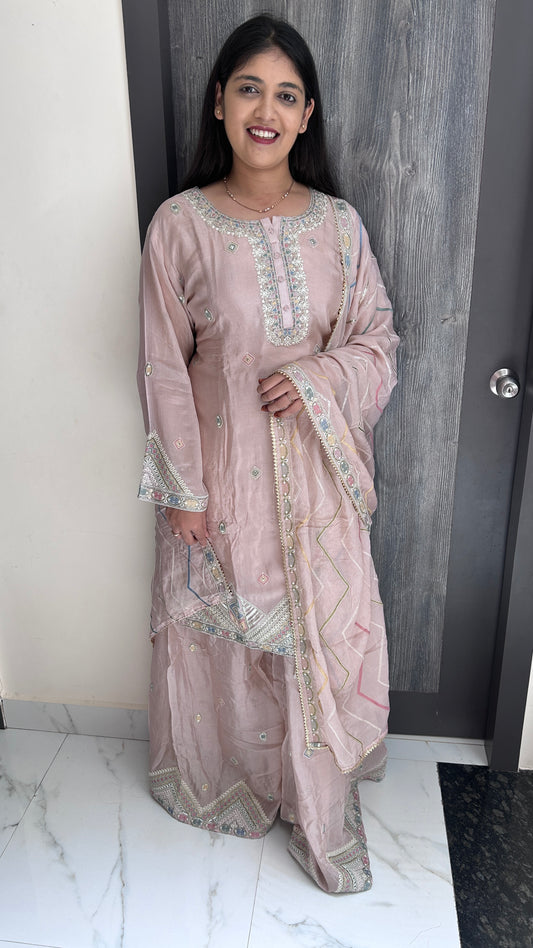 Pastel Pink Embroidered chinnon Sharara Set